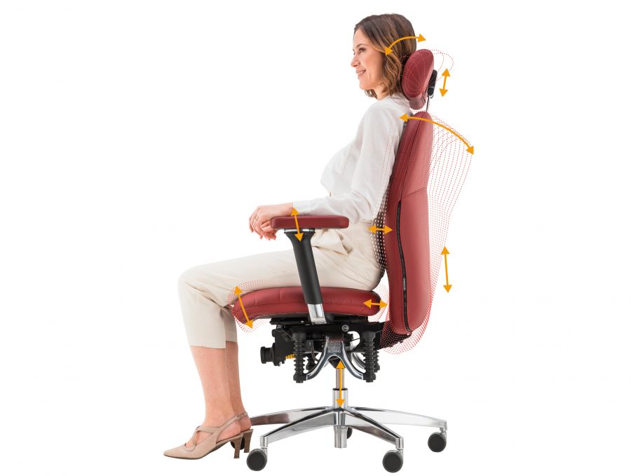 Frau sitzt auf dem B&uuml;rostuhl Bioswing 450 iQ. Die Einstellm&ouml;glichkeiten des Stuhles sind durch Pfeile markiert.