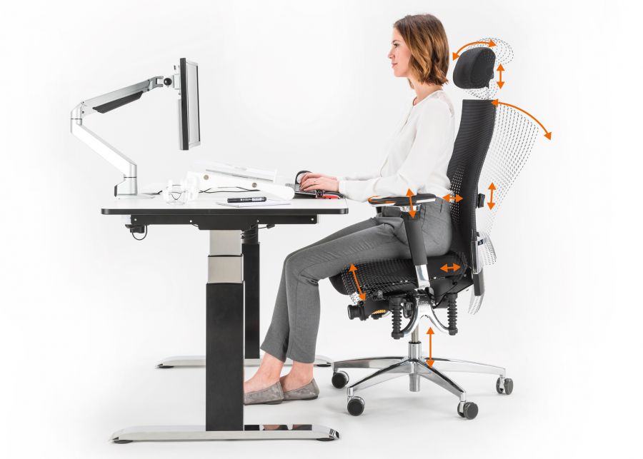 Frau sitzt auf Chefsessel Bioswing 660 iQ. Die Abbildung von der Seite verdeutlicht mit Hilfe von Pfeilen die vielf&auml;ltigen Einstellm&ouml;glichkeiten des Stuhls