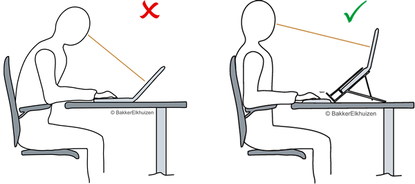 Beim Arbeiten mit dem Laptop ist die Haltung sehr ungünstig, da der Bildschirm zu niedrig ist und zu nah am Körper. Ein Laptophalter schafft hier Abhilfe und sorgt für eine korrekte Arbeitshaltung.
